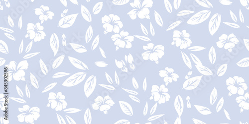Pastel simple seamless pattern with abstract shapes small flowers, tiny leaves, buds. Abstract plain silhouettes floral printing on a light blue background. Vector hand drawing. Nature ornament