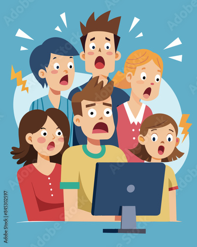 The entire household gathers around the computer screen jaws dropped in disbelief at the unexpected surge in their utility bill.. Vector illustration