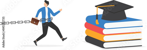 Student loan for education. Unhappy young man is chained to large loan and crawls towards diploma and graduate hat. Inaccessible education, high tuition fees for college or courses. flat vector
