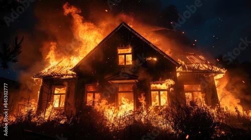 House Engulfed in Flames at Night