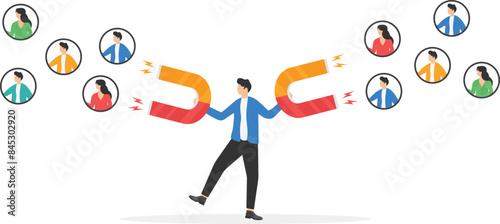 HR agent uses magnet and attractingemployee. Selecting personnel, HRM, Human Resources Management. Businessman selecting new staff. Recruitment, hiring process. flat vector illustration

