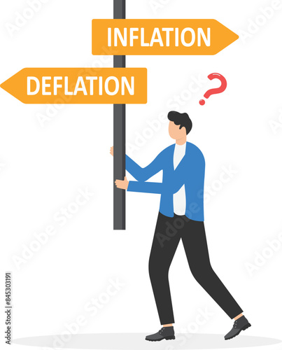 Inflation and deflation signs with confused businessman. Politician or financial officer does not know how speed up economy. Street sign with arrows pointing two opposite directions towards. vector

