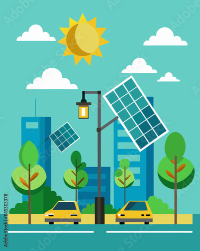 With the installation of solarpowered traffic lights the citys reliance on traditional energy sources decreased.. Vector illustration