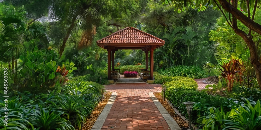 Naklejka premium A tranquil garden scene with a brick pathway leading through lush greenery to a charming pavilion, surrounded by vibrant flowers, providing a peaceful retreat under a shaded canopy.