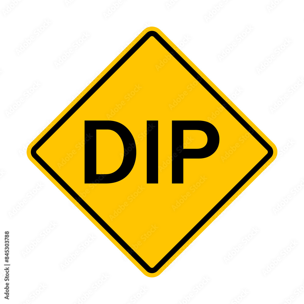 DIP sign. Warning road sign low place on the road. Drive slowly and be prepared to stop if the hollow is full of water. Diamond road sign. Rhombus road sign. Warning yellow road sign. DIP sign. Warning road sign low place on the road. Drive slowly and be prepared to stop if the hollow is full of water. Diamond road sign. Rhombus road sign. Warning yellow road sign.