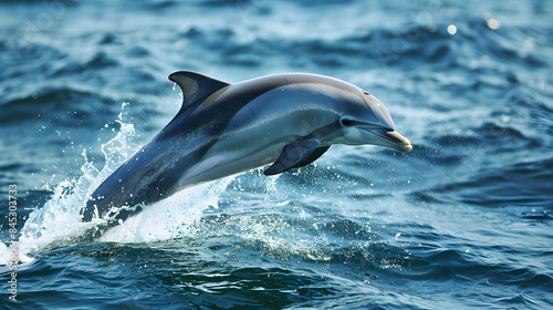 Majestic dolphin soaring through the air after leaping out of the water in sunlight.