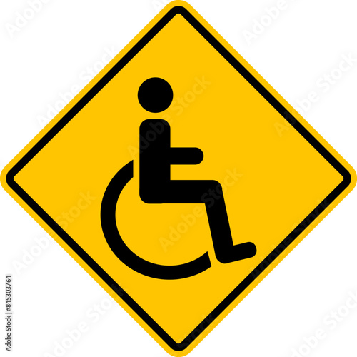 Disability sign. Wheelchair disabled person warning sign. Parking for disabled people. Caution disabled people. Disabled area. Diamond road sign. Rhombus road sign. Warning yellow road sign.