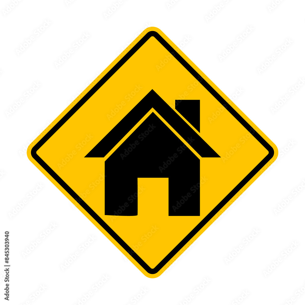 Residential zone road sign. Hotel, vacation spot or tourist site. Residential or public buildings. Parking areas, picnic tables, restrooms, cafes or snack bars. Warning yellow road sign. Residential zone road sign. Hotel, vacation spot or tourist site. Residential or public buildings. Parking areas, picnic tables, restrooms, cafes or snack bars. Warning yellow road sign.