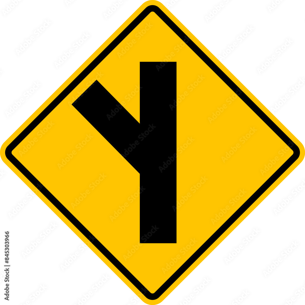 Unregulated intersection with an adjacent road. From left side. Sign for merging road on left side. Road junction. A junction where one street or road intersects another. Warning yellow sign. Unregulated intersection with an adjacent road. From left side. Sign for merging road on left side. Road junction. A junction where one street or road intersects another. Warning yellow sign.