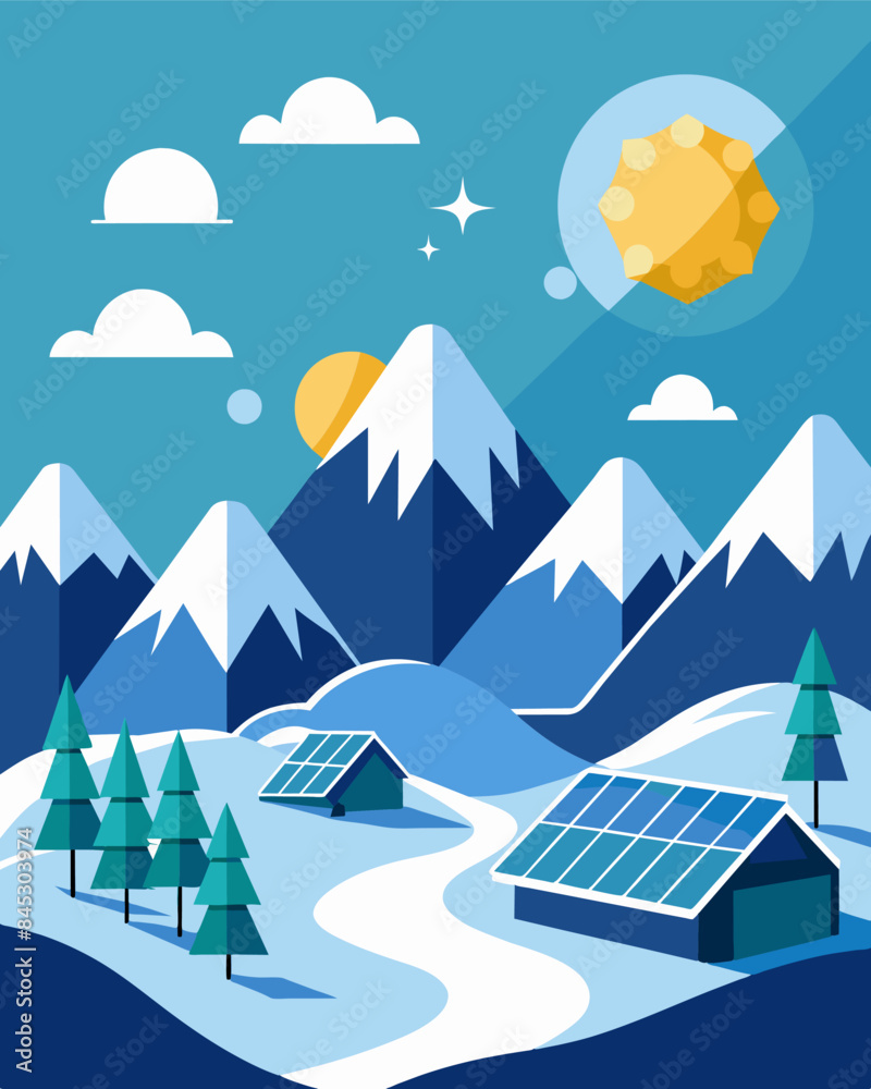 The serene silence of a snowcovered landscape disrupted only by the subtle hum of solar panels at work.. Vector illustration The serene silence of a snowcovered landscape disrupted only by the subtle hum of solar panels at work.. Vector illustration