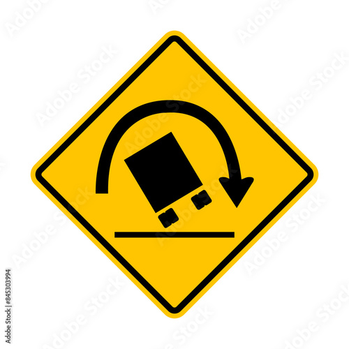 Car rollover sign. Risk rollover on sharp turns, sharp inclines or slopes, and areas with poor road surfaces. Diamond road sign. Rhombus road sign. Warning road sign.