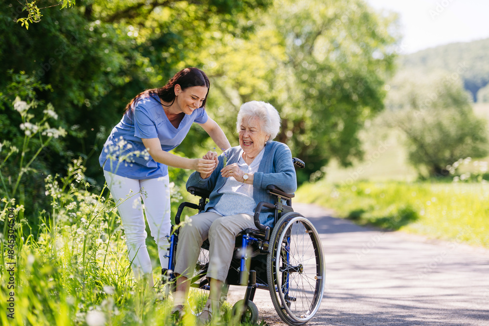 Female caregiver and senior woman in wheelchair picking wild flowers. Nurse and elderly woman enjoying a warm day in nursing home, public park. Female caregiver and senior woman in wheelchair picking wild flowers. Nurse and elderly woman enjoying a warm day in nursing home, public park.