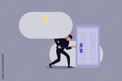 criminal thief opens the door flat design illustration