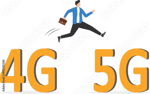 Group of users go from technology 4g to high-speed 5g. A new generation of networks with fast internet. Wireless communication at high speeds. People uses smart gadgets. Flat vector illustration

