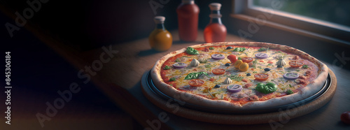 Pizza Capricciosa, sliced, dark background. Traditional Italian cuisine. AI generated. photo