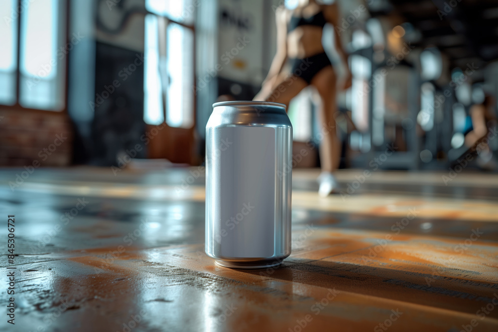 Aluminum can layout on wooden floor in gym, energy drink Aluminum can layout on wooden floor in gym, energy drink