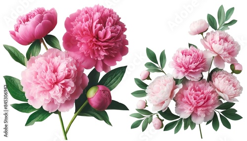 Fototapeta Naklejka Na Ścianę i Meble -  Pink peonies green leaves beautifully arranged around blank white space, perfect for text or message