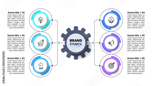 Infographic template. Gears with 6 steps and a title in the middle
