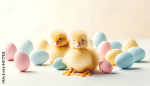 Adorable yellow ducklings surrounded by pastel colored Easter eggs, festive springtime scene. photo