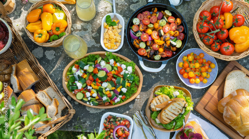 A colorful summer picnic spread featuring fresh vegetable salads, grilled bread, yellow peppers, cherry tomatoes, and refreshing drinks on a rustic table. Summer Picnic Spread with Fresh Vegetables