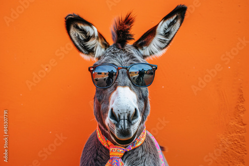 a donkey wearing sunglasses and a scarf © Eva