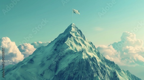 Corporate mountain peak with a flag symbolizing achieved strategic goals.