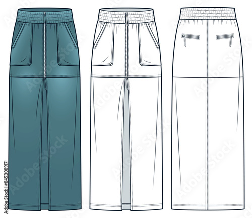 Cargo Skirt technical fashion illustration. Denim Skirt fashion flat technical drawing template, front zipper, pockets, front slit, maxi length, front and back view, white, green, women CAD mockup set