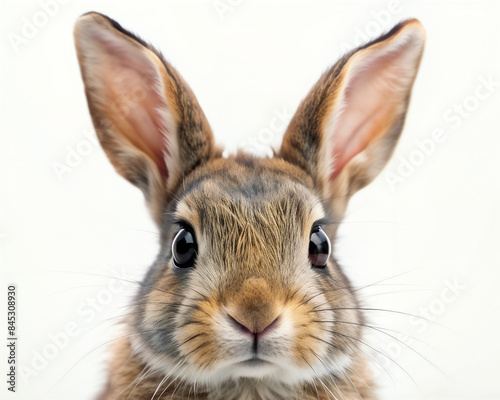 A charming rabbit with large ears and wide, dark eyes. Its soft, brown fur and curious expression make it look alert and ready to hop into action.