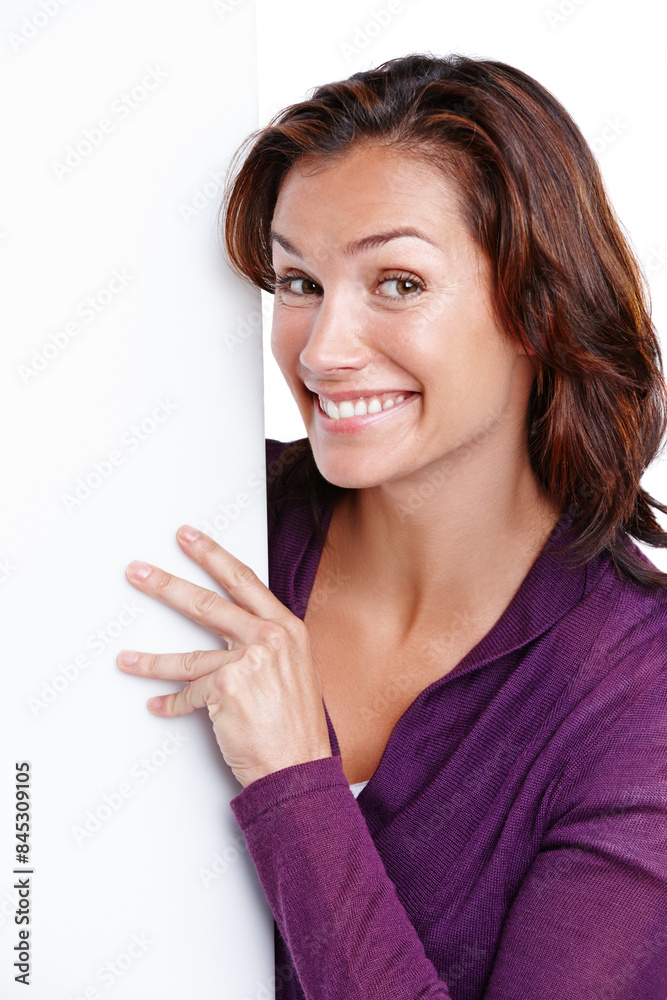 Portrait, billboard and happy woman in studio for promotion, branding and mockup space. Blank poster, female person and smile for review, choice and sale or news by white background with pride Portrait, billboard and happy woman in studio for promotion, branding and mockup space. Blank poster, female person and smile for review, choice and sale or news by white background with pride