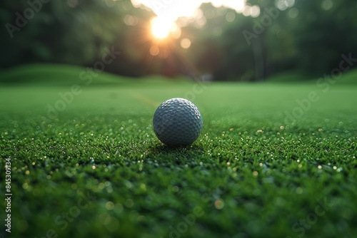 close-up white golf ball on green grass, minimalistic