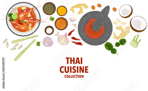 Set of vector banner illustrations with flat letters, delicious food. Thai food, red curry, tom yam, cooking from the top view, recipe, menu, restaurant for food design, poster. and background.