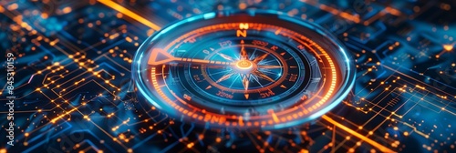 Wallpaper Mural Illuminated digital compass in blue and orange, set against a digital grid. Torontodigital.ca