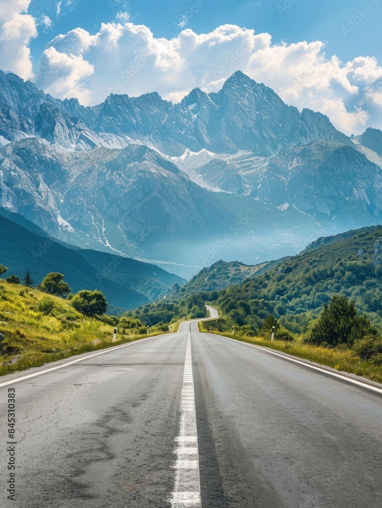 Fototapeta premium Empty highway between mountain peaks, clear sunny day, incredible nature, bright saturated colors