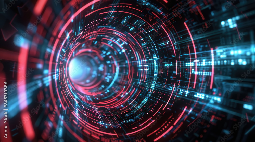 A digital tunnel with red and blue lights. It appears to be a futuristic and technological space A digital tunnel with red and blue lights. It appears to be a futuristic and technological space
