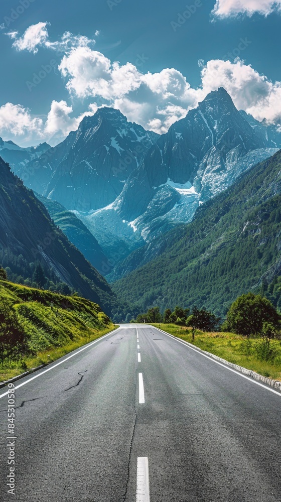 Fototapeta premium Empty highway between mountain peaks, clear sunny day, incredible nature, bright saturated colors