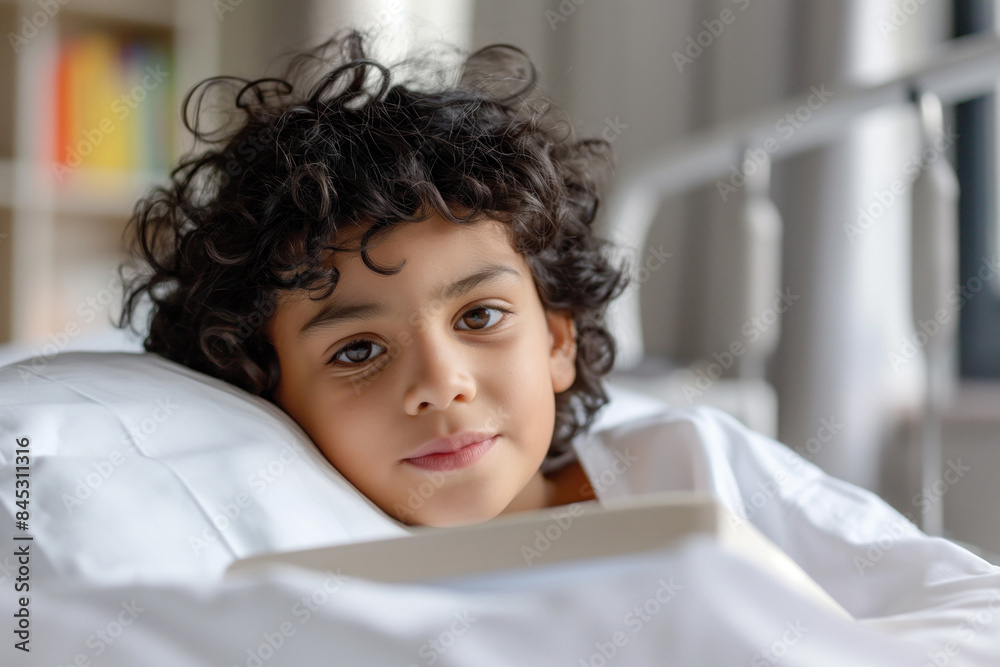 Curly-haired boy lying in bed and reading a book, looking content and relaxed in a cozy bedroom setting with soft lighting.. Curly-haired boy lying in bed and reading a book, looking content and relaxed in a cozy bedroom setting with soft lighting..