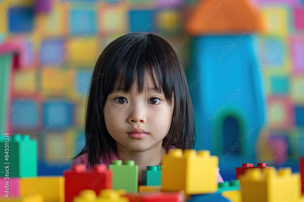 Dark-haired girl in a colorful playroom, surrounded by large building blocks and looking intently at the camera with a focused expression.. Dark-haired girl in a colorful playroom, surrounded by large building blocks and looking intently at the camera with a focused expression..