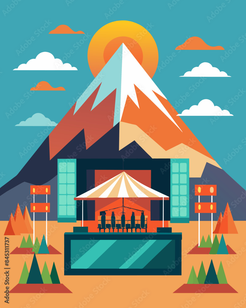 With its back to a stunning mountain backdrop the solarpowered stage stands tall at the annual music festival powering the performances with clean energy.. Vector illustration With its back to a stunning mountain backdrop the solarpowered stage stands tall at the annual music festival powering the performances with clean energy.. Vector illustration