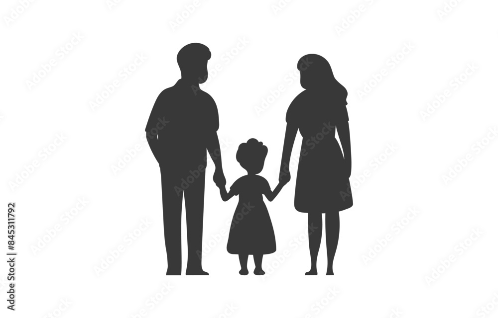 A warm family happily walks hand in hand isolated on a white background. Cute family silhouette. Vector illustration flat design style