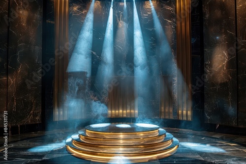 The gold-trimmed podium basked in luxury spotlight lighting, exuding elegance and sophistication effortlessly.