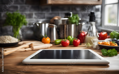 White blank screen of a tablet on a kitchen counter, with cooking ingredients around, bright natural lighting