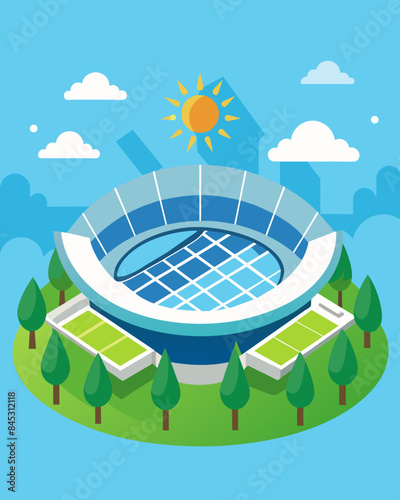 The stadiums roof is adorned with brightly shining solar panels creating a unique and ecofriendly landscape within the bustling city.. Vector illustration