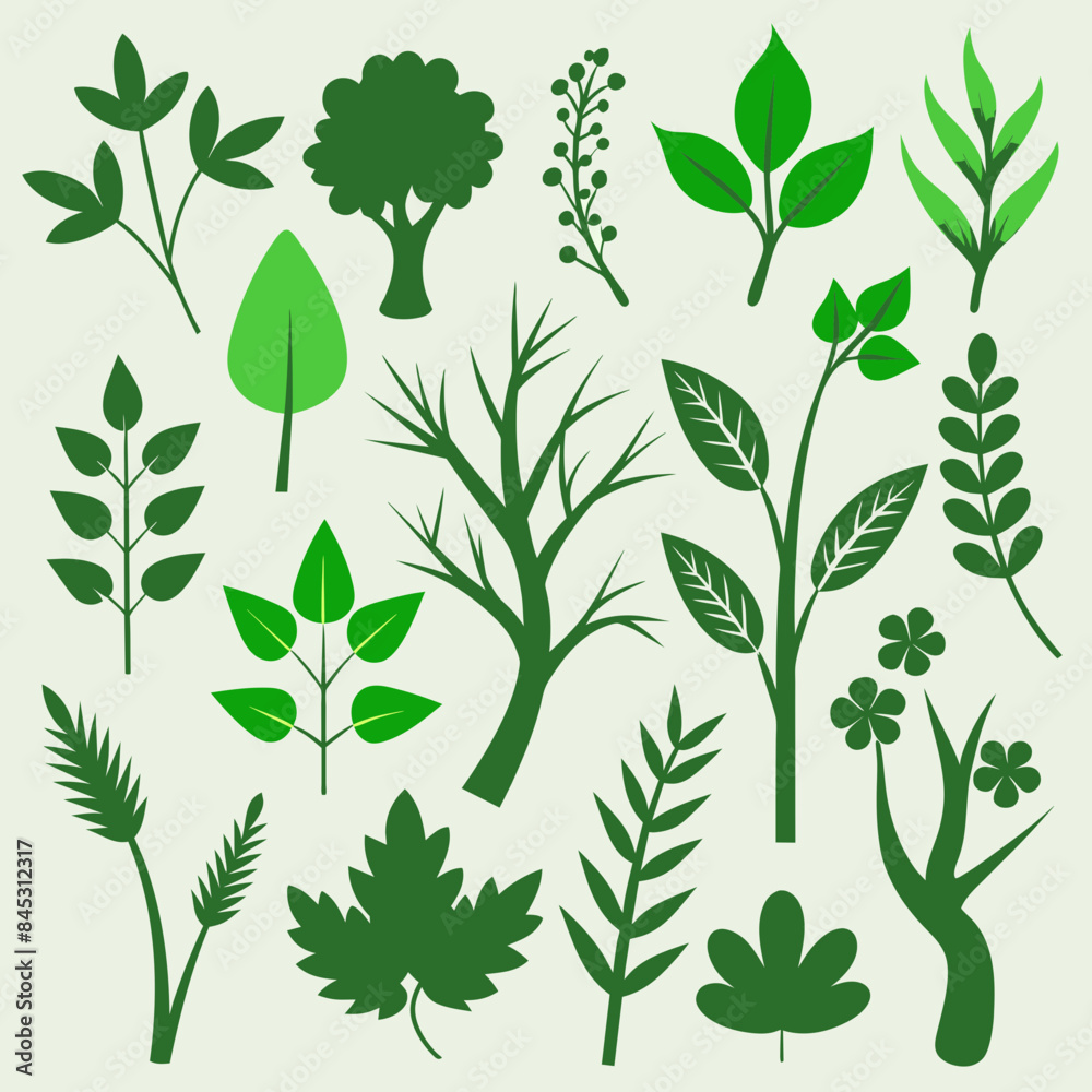 a set of 20 silhouettes of branches and leaves with different styles and different movements (vines, flowers, grass, plants, leaves, treetops, branches). a set of 20 silhouettes of branches and leaves with different styles and different movements (vines, flowers, grass, plants, leaves, treetops, branches).