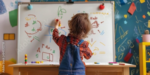 A young child is drawing enthusiastically on a whiteboard in a colorful, playful environment that includes various educational and artistic elements.
