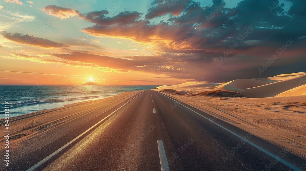 Naklejka premium Empty highway, huge desert sand dunes on one side of the road and sea coast on the other, sky illuminated by the sun's rays at sunset