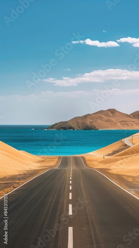 Empty highway  huge desert sand dunes on one side of the road and sea coast on the other  blue water  clear sunny day  bright rays  incredible nature