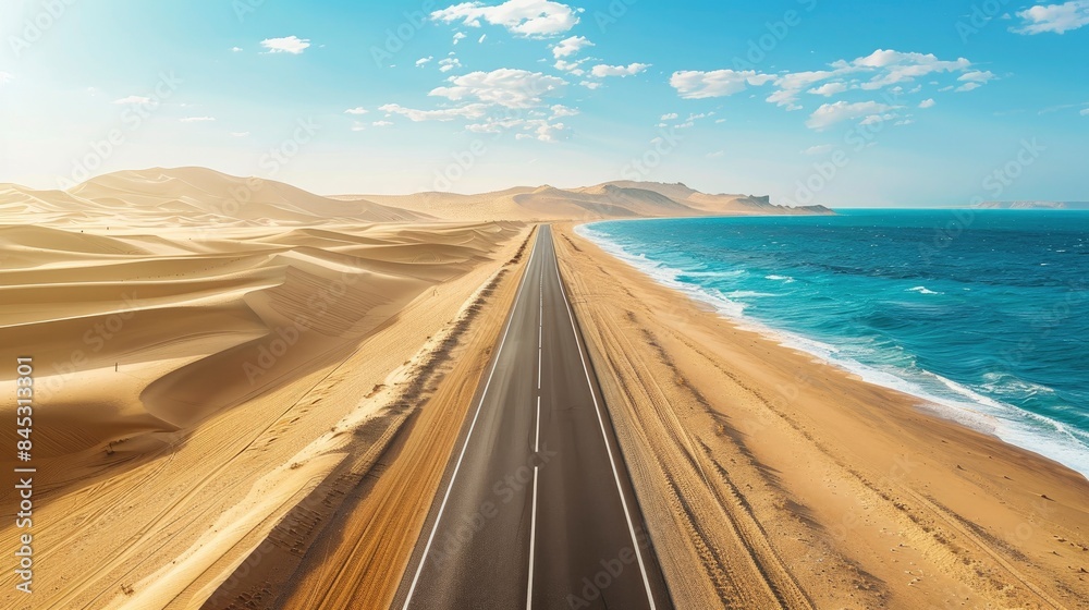 Fototapeta premium Empty highway, huge desert sand dunes on one side of the road and sea coast on the other, blue water, clear sunny day, bright rays, incredible nature