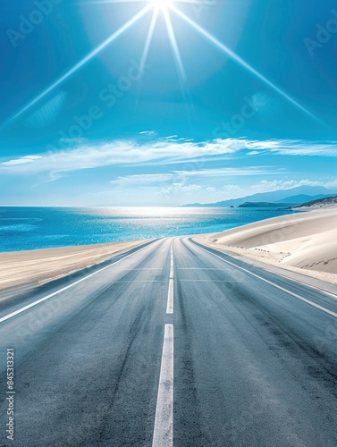 Empty highway, huge desert sand dunes on one side of the road and sea coast on the other, blue water, clear sunny day, bright rays, incredible nature