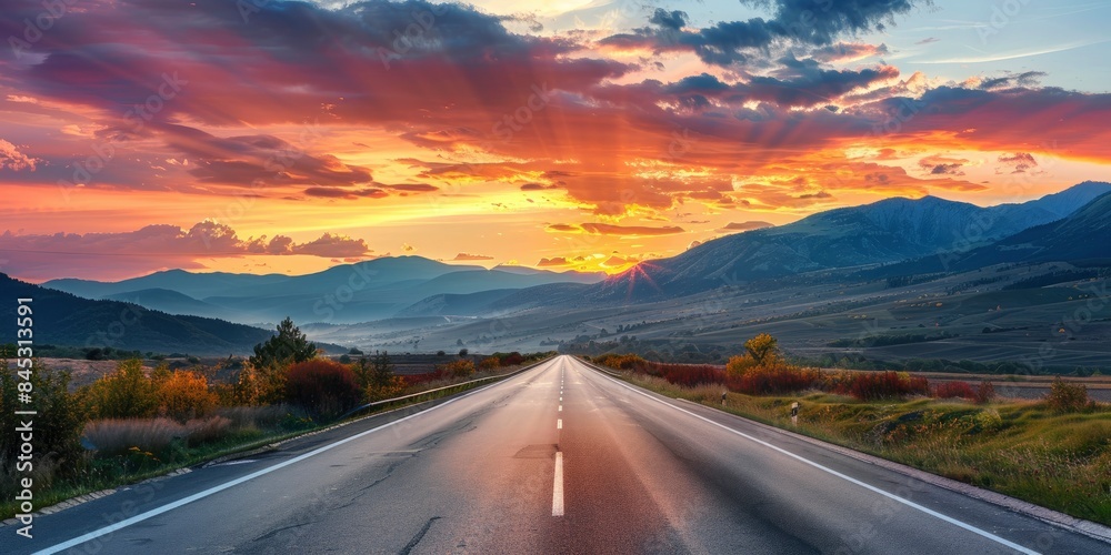Empty highway in the beautiful mountains, sky illuminated by the sun's rays at sunset, incredible nature, bright saturated colors