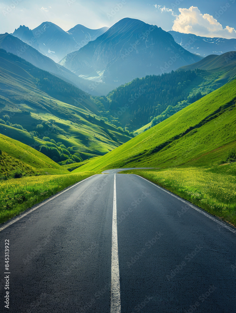 Empty highway in the middle of blooming hills, steep mountain peaks in the background, clear sunny day, bright rays, incredible nature, rich colors Empty highway in the middle of blooming hills, steep mountain peaks in the background, clear sunny day, bright rays, incredible nature, rich colors